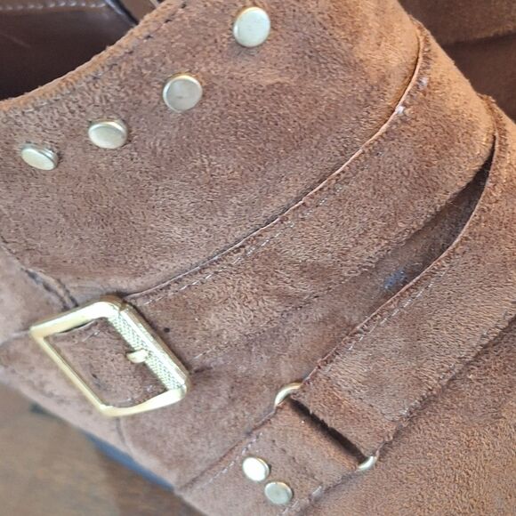 A.N.A Ana Alford Booties Brown Zip + Buckle Gold Studded Vegan Suede Boots 8M - Picture 4 of 9
